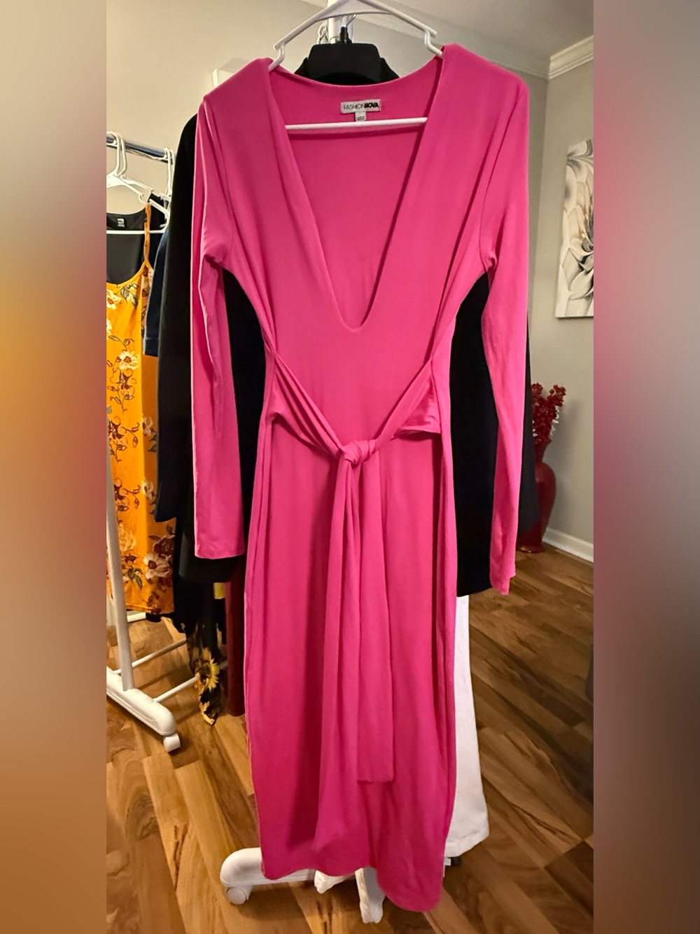 Fashion Nova Hot Pink Long-Sleeve Wrap Midi Dress